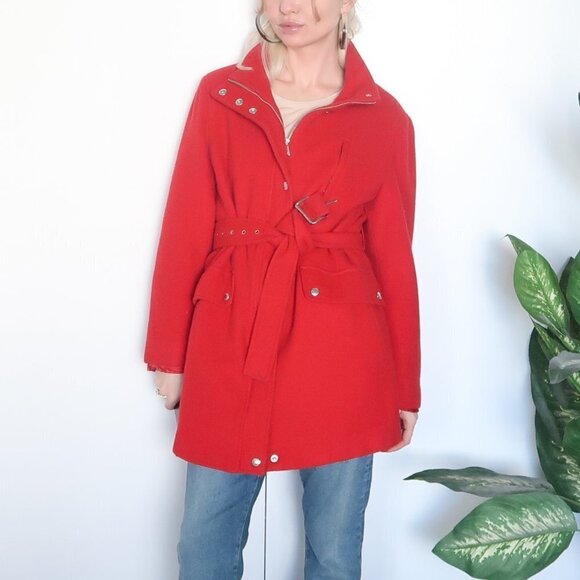 Michael Kors 100% Wool Red Coat With Stand-collar & Belt - Picture 3 of 13